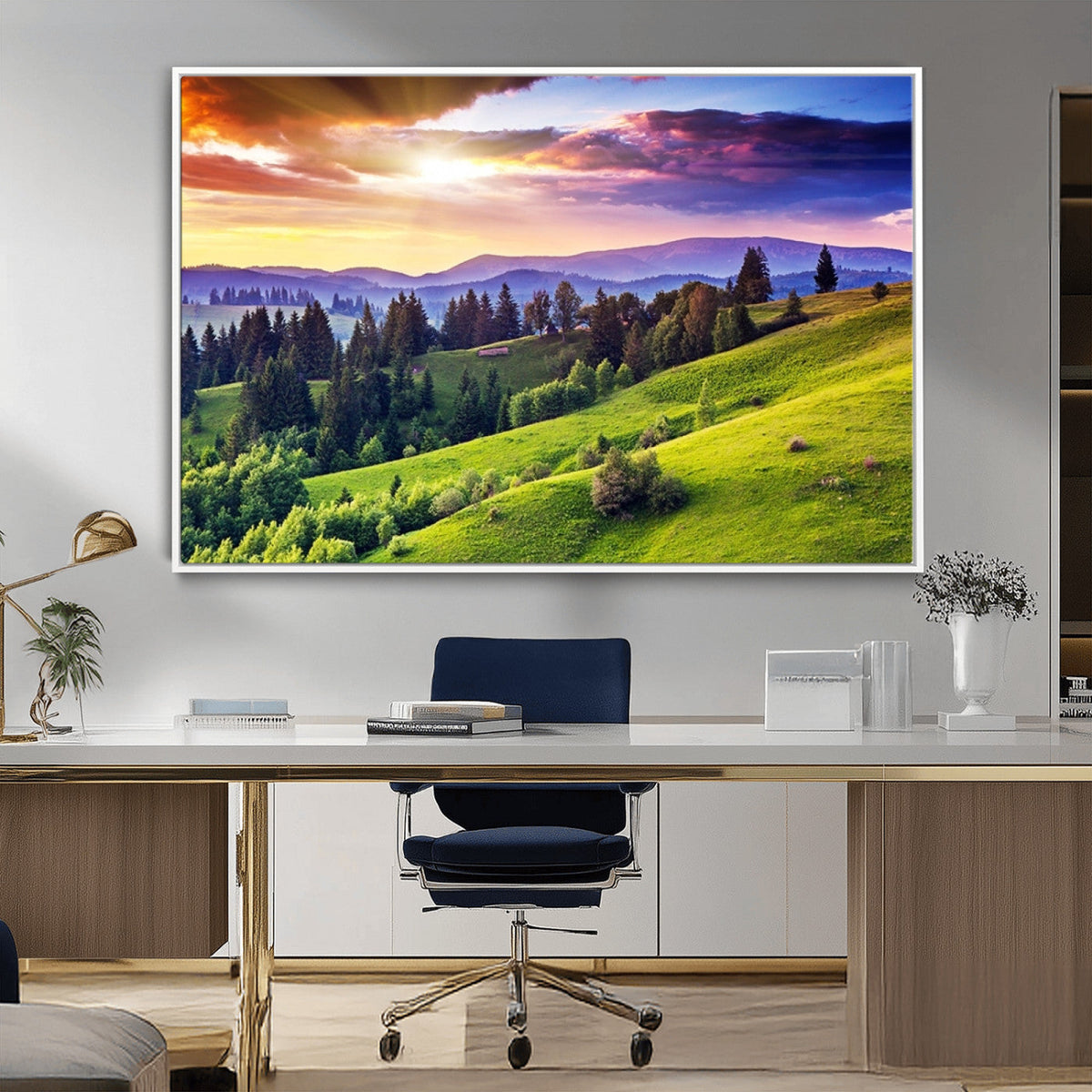 Green Hills and Sunset Wall Art Print - Scenic Landscape