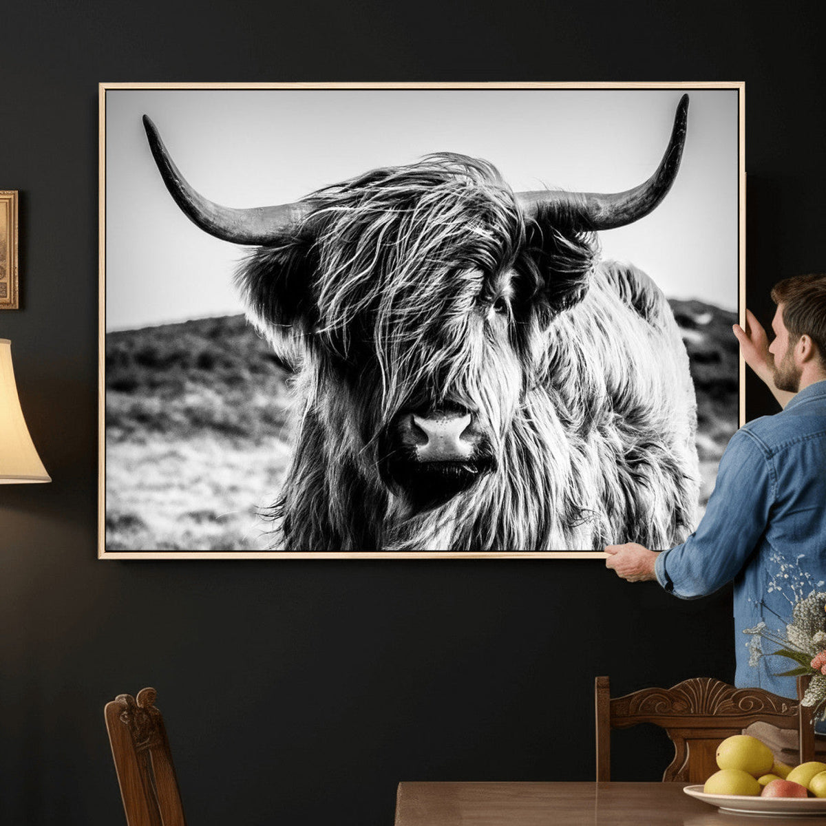 Black and White Scottish Cow Canvas Wall Art Highland Cattle