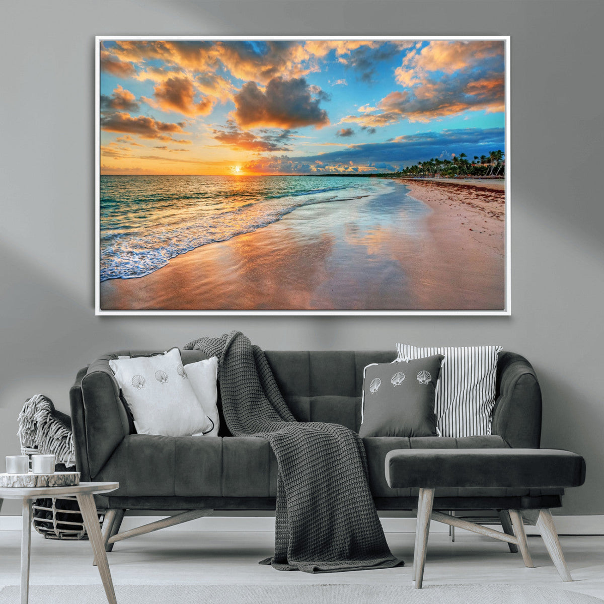 Sunset Ocean Waves on Tropical Beach, 3-Panel Giclee Canvas