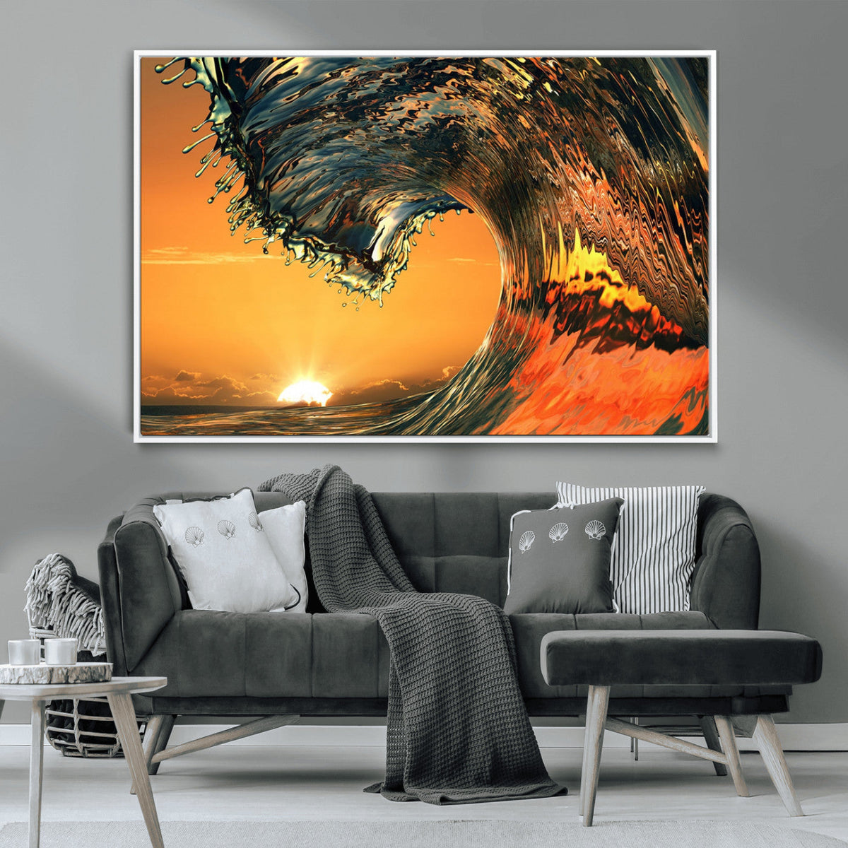 Surf Wave Sunset Canvas Wall Art Print, 3-Panel Ocean