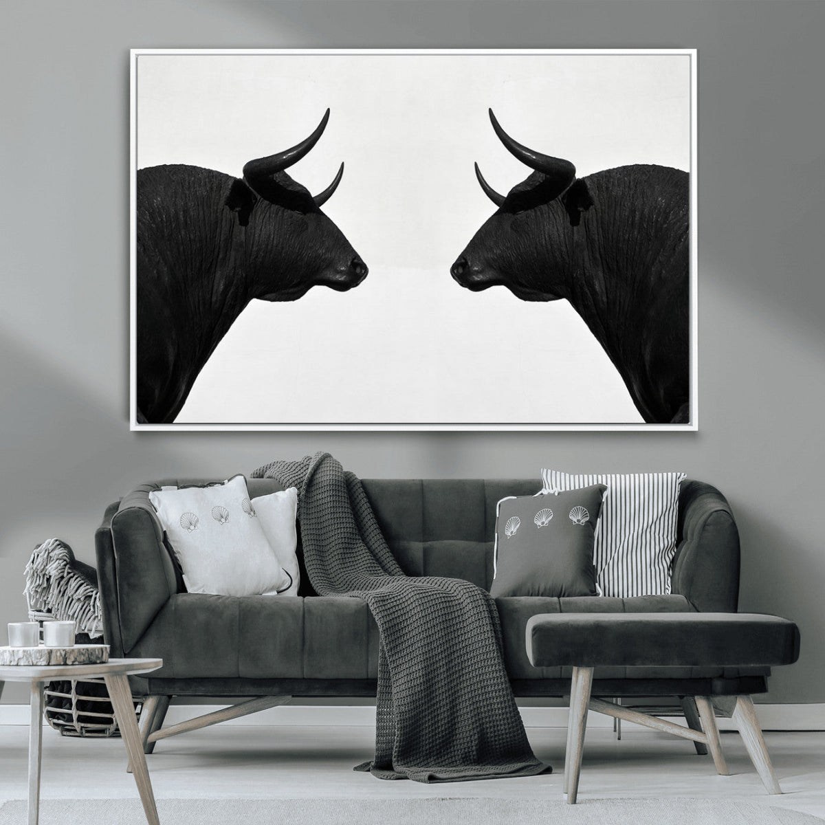 Spanish Bull Art - Framed Black and White Bull Canvas Print