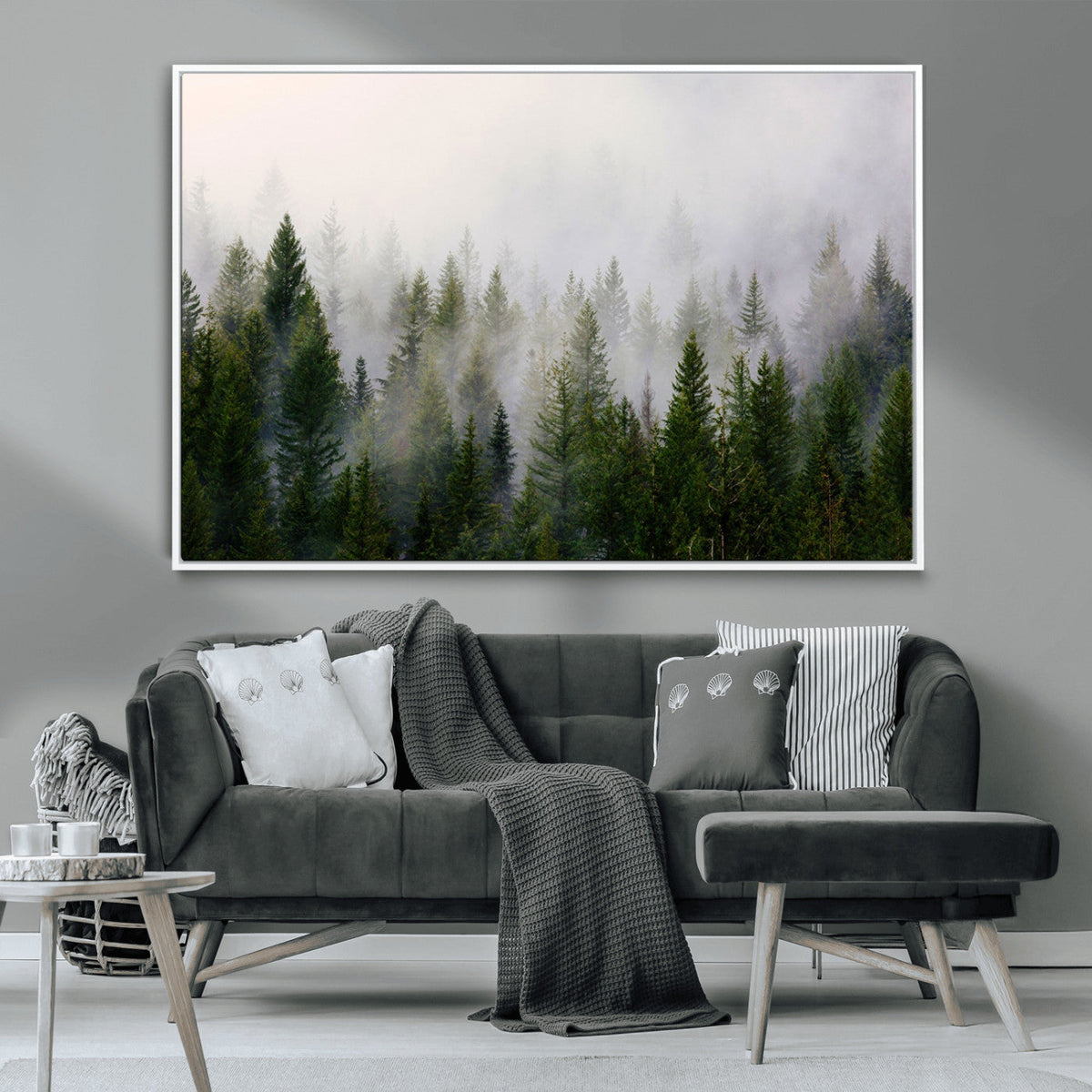 Misty Pine Forest Wall Art Canvas Print | 3 Panel Green
