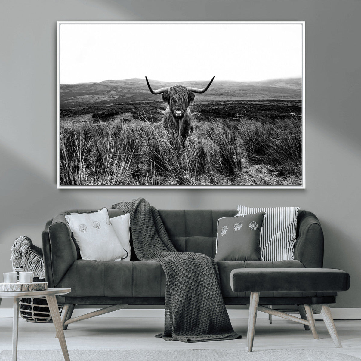 Black and White Highland Cow Canvas Wall Art, Longhorn