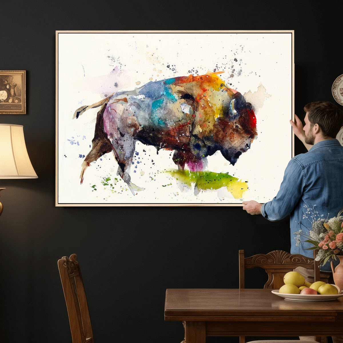 Abstract Buffalo Wall Art, Western Watercolor Bison Canvas