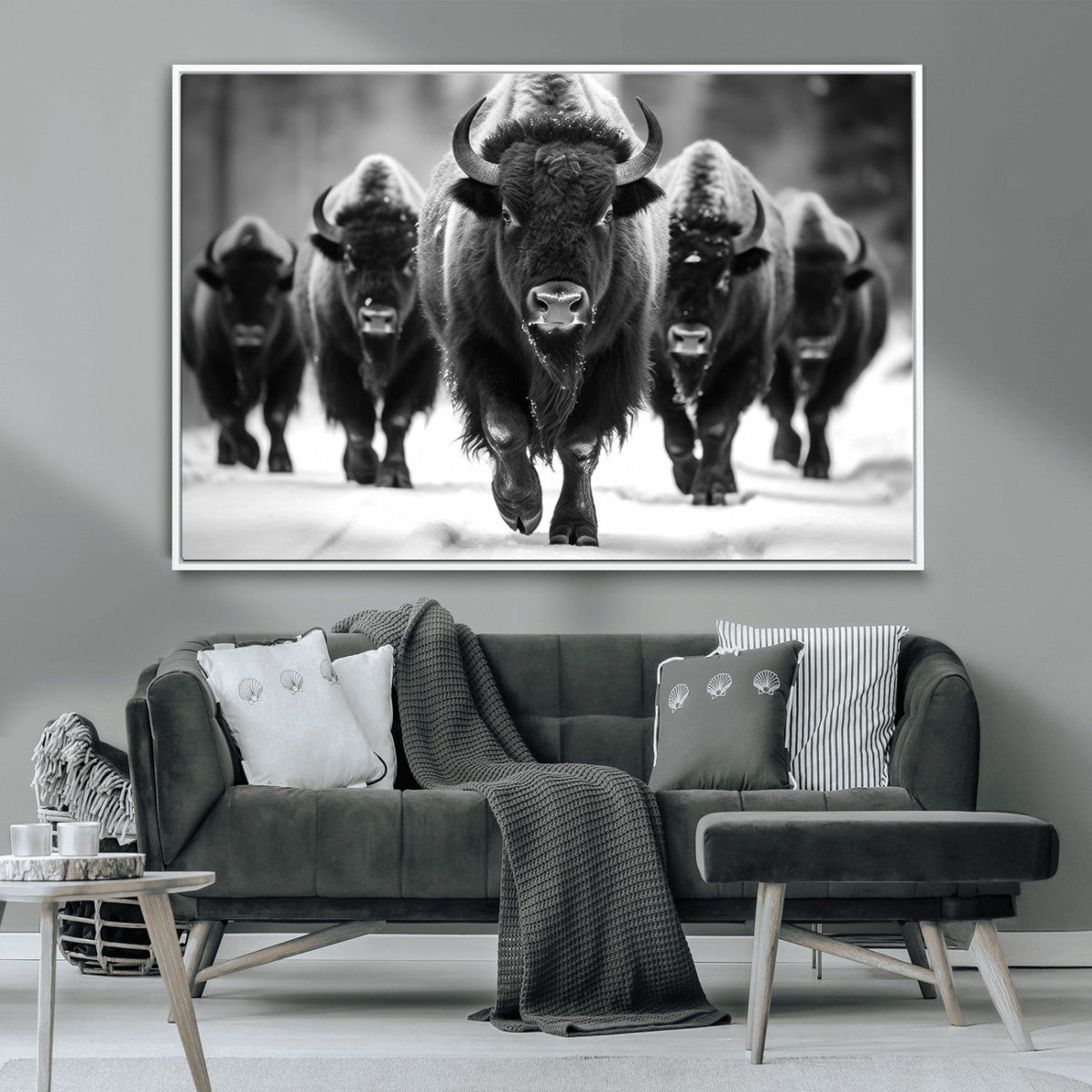 American Bison Art | Buffalo Herd Wall Art Canvas Print, BW