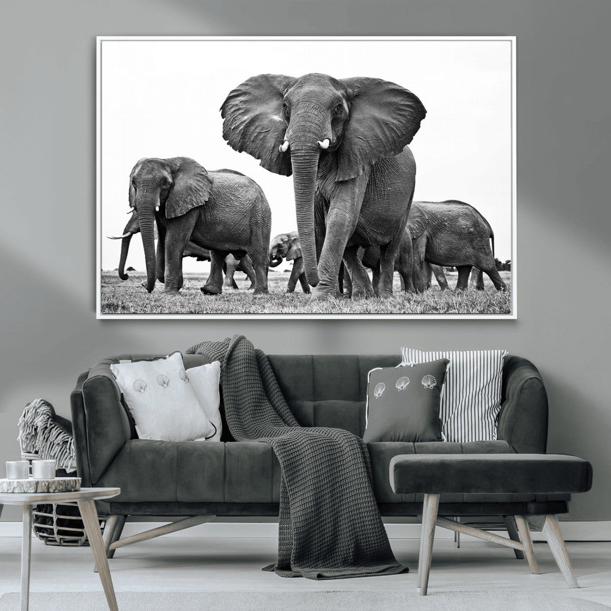 Black White Elephant Family Wall Art Canvas Print