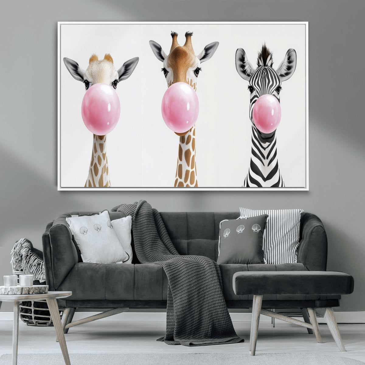 Bubblegum Animals Canvas Wall Art - Playful Giraffe and