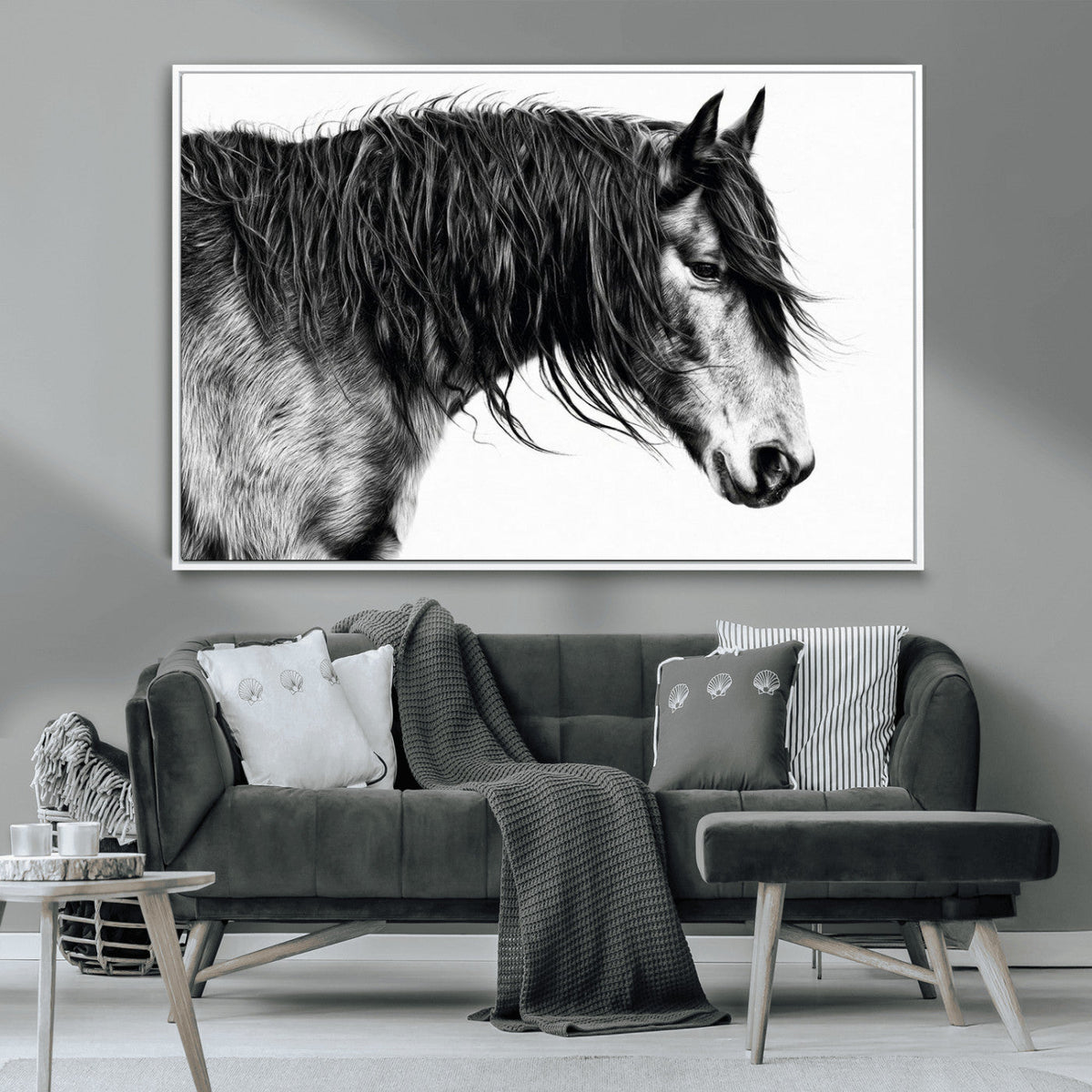 Majestic Horse Wall Art – Framed Black White Portrait Canvas