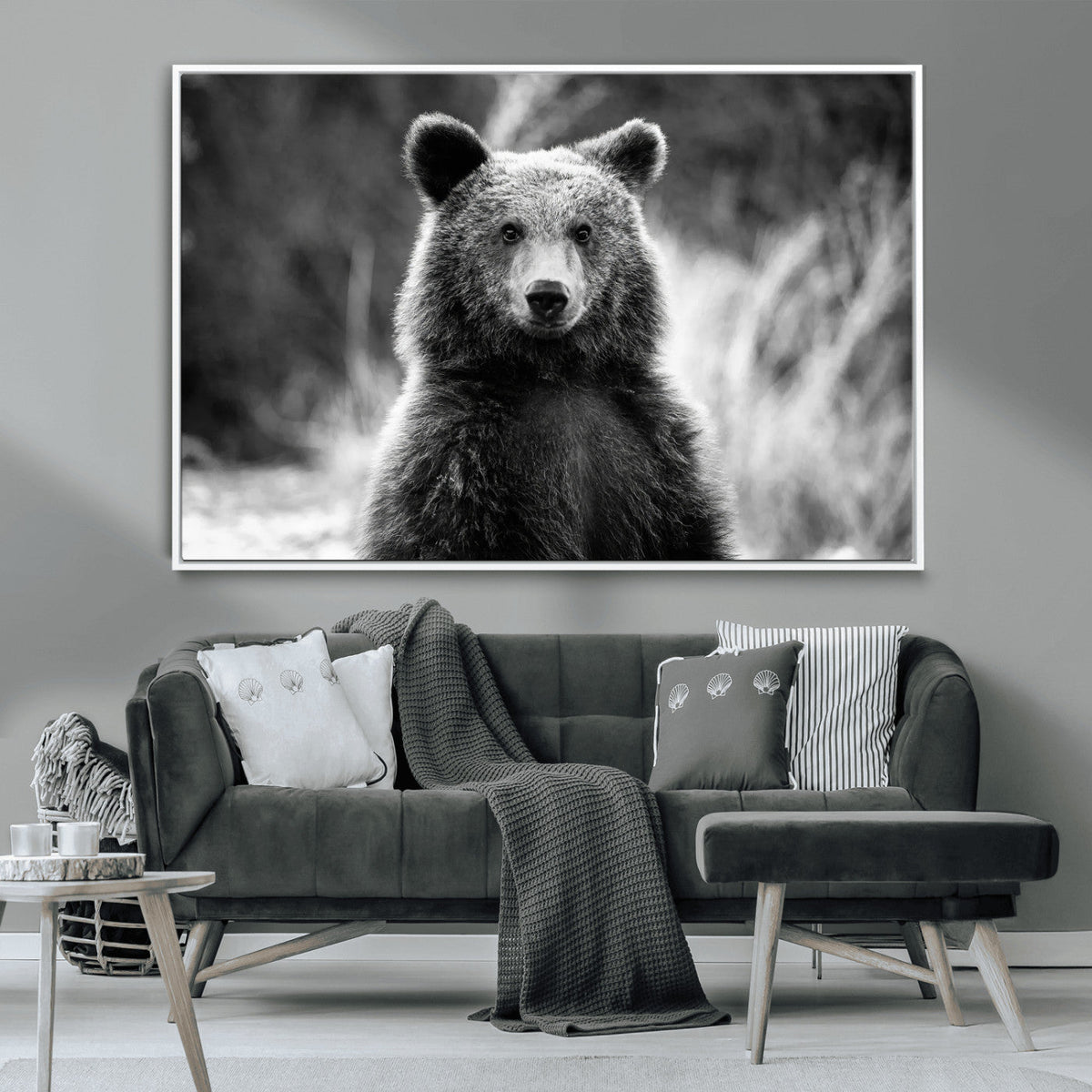 Grizzly Bear Wall Art Canvas Print – Framed Black White