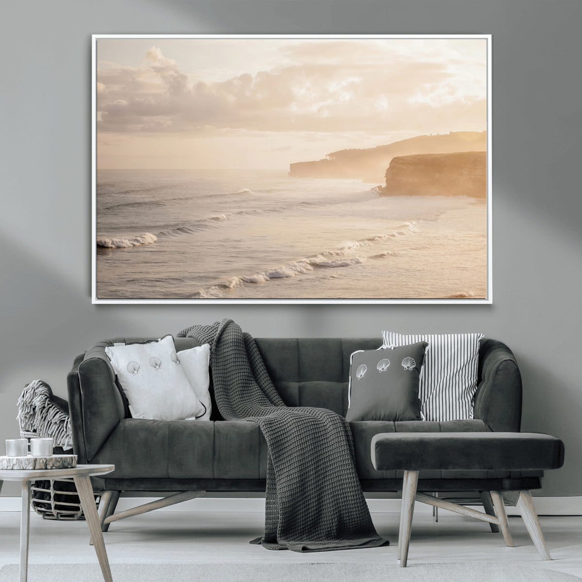 Misty Coastal Wall Art Canvas Print – Framed Golden Sunset