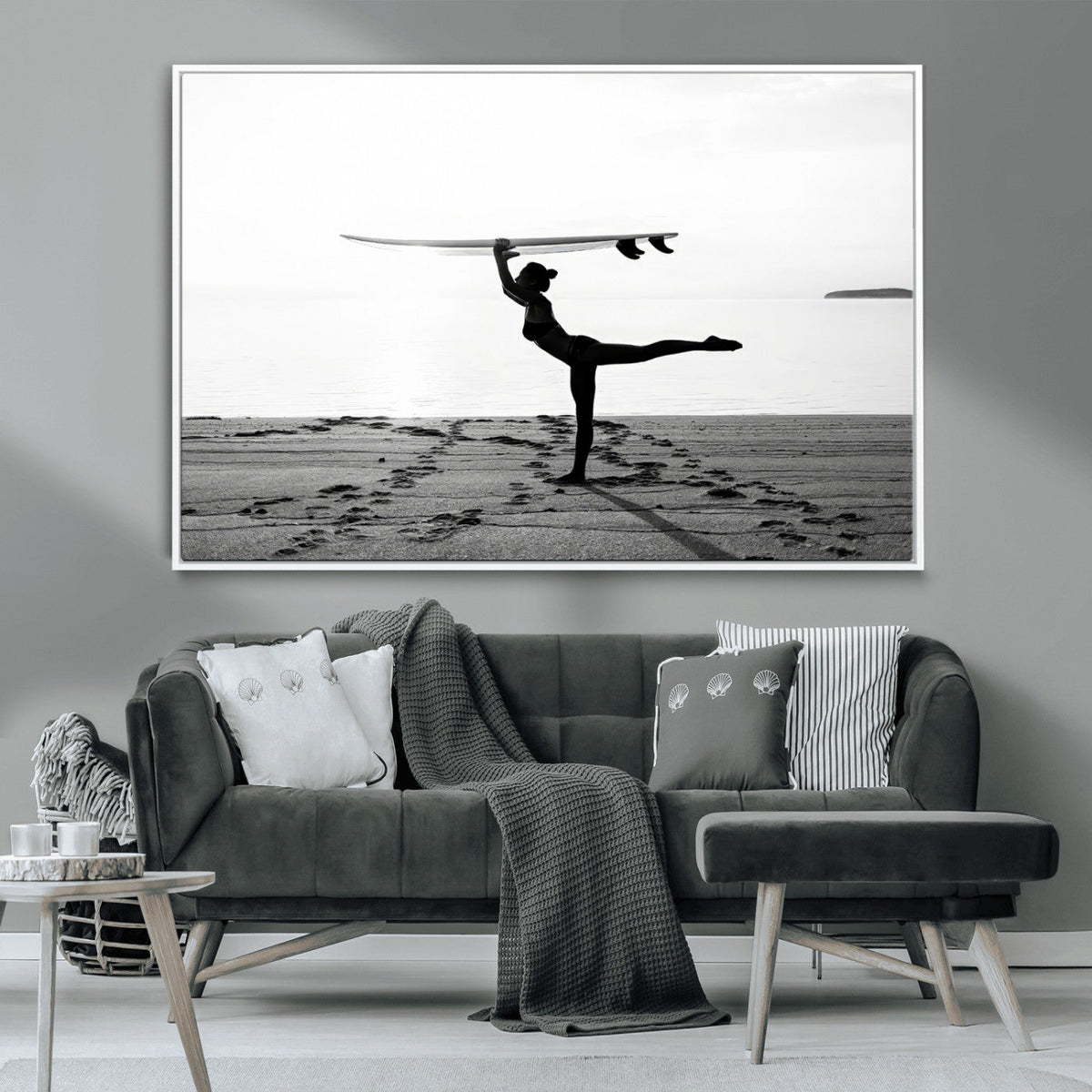 Yoga Surf Wall Art Canvas Print – Framed Black White Shore