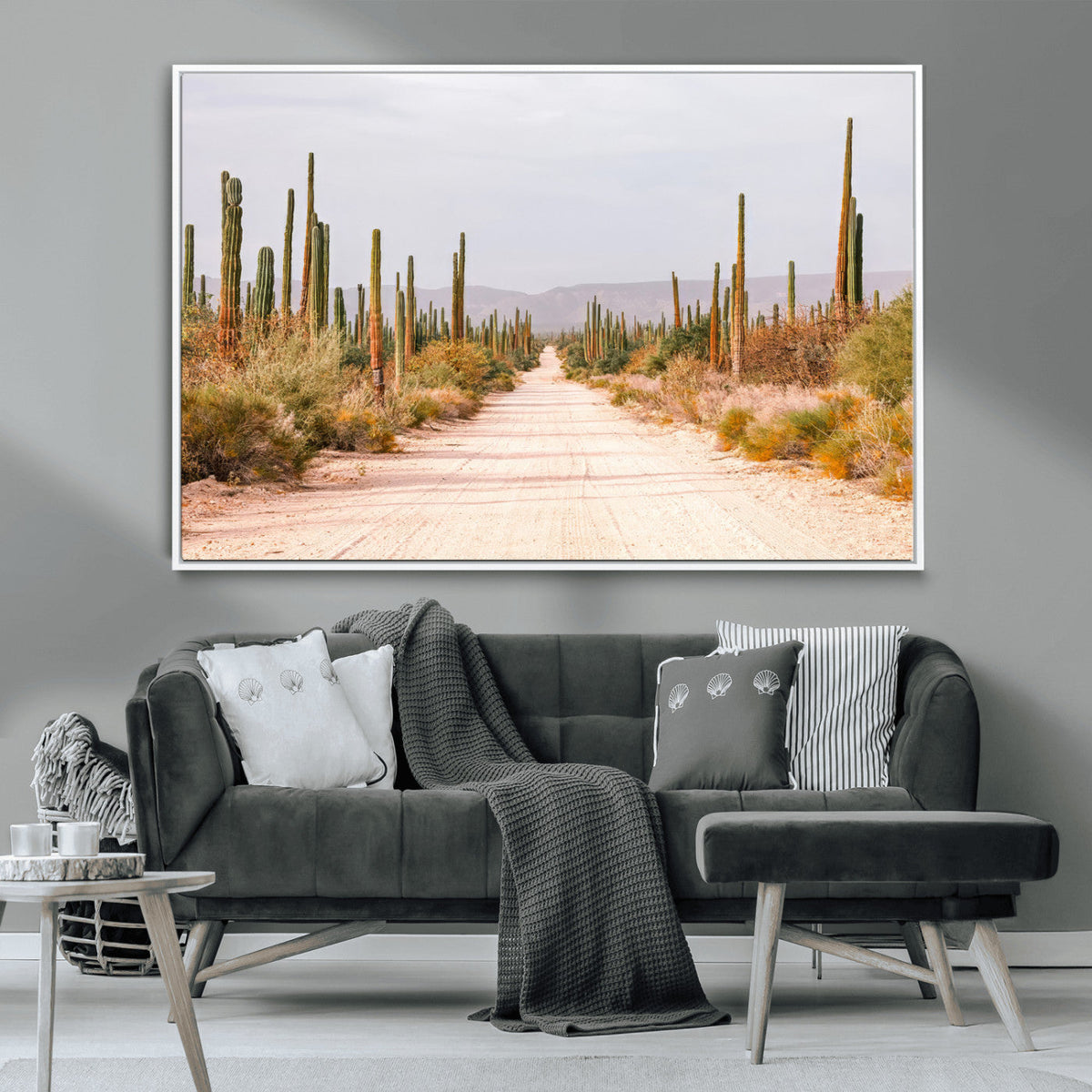 Desert Cactus Lined Road Wall Art Canvas Print – Framed