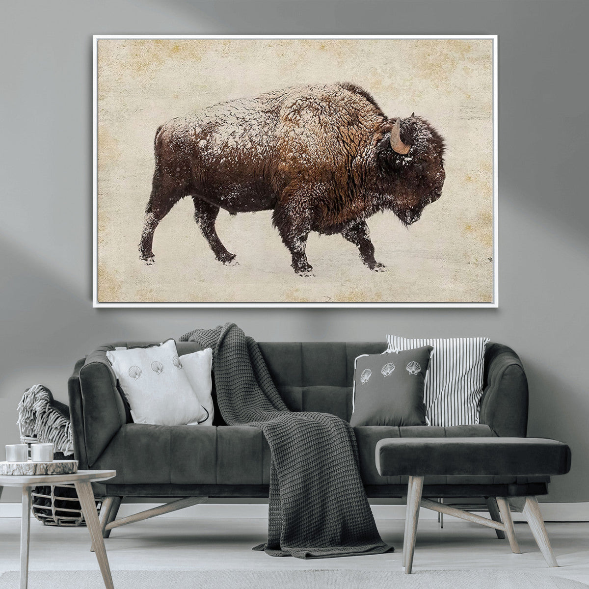 Snow-dusted bison silhouette textured vintage style rugged