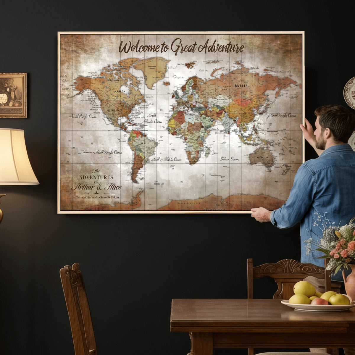 Personalized Vintage Map Wall Art Canvas Print – Custom Push