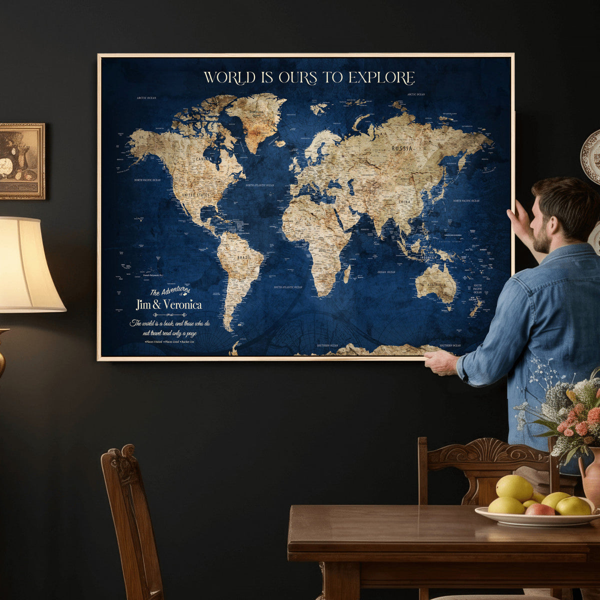 Framed Custom World Map Canvas Print - Deep Blue World Map