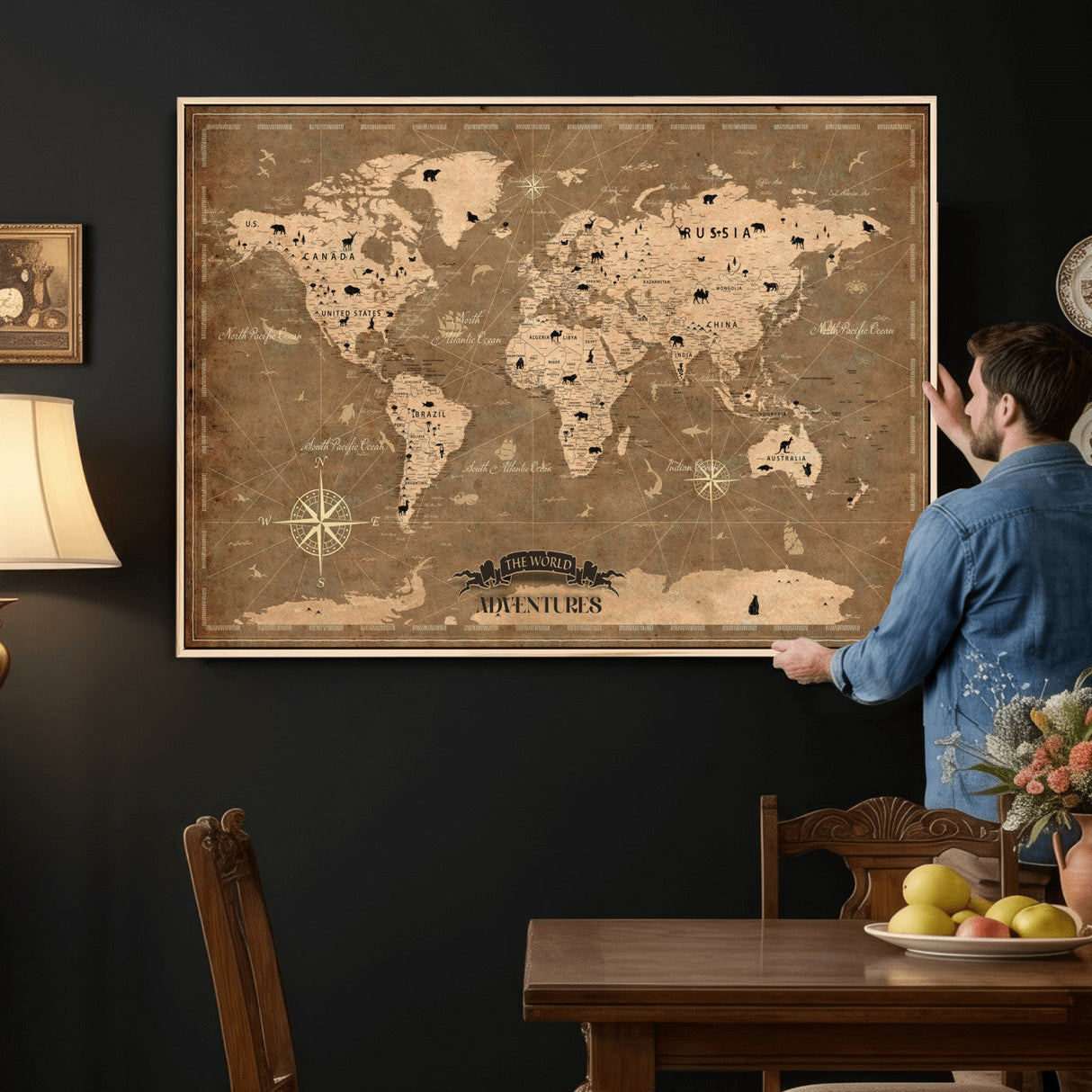Custom Push Pin World Map Wall Art Canvas Print – Personalized Travel Tracker with Pins Framed Large for Home and Office Decor