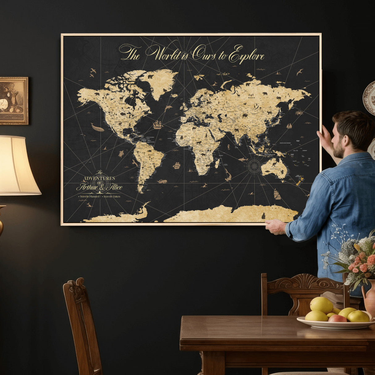 Custom Push Pin World Map Wall Art Canvas Print – Personalized Travel Tracker with Pins Framed Large for Home and Office Decor
