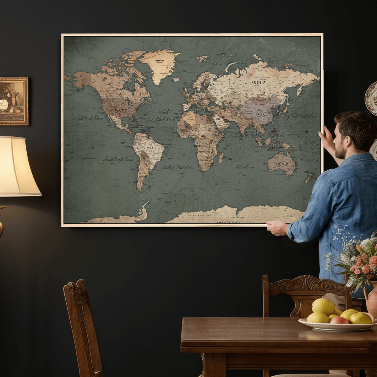 Rustic Black and Wood World Map Canvas Wall Art – Framed