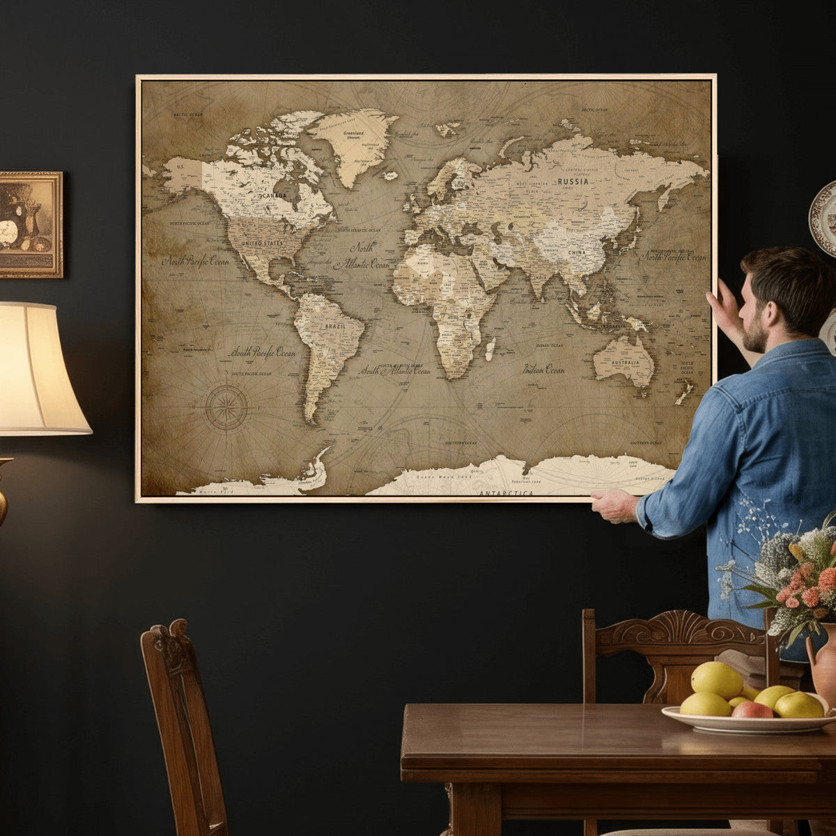 World Map Wall Art Canvas Print, Framed Map Art Picture