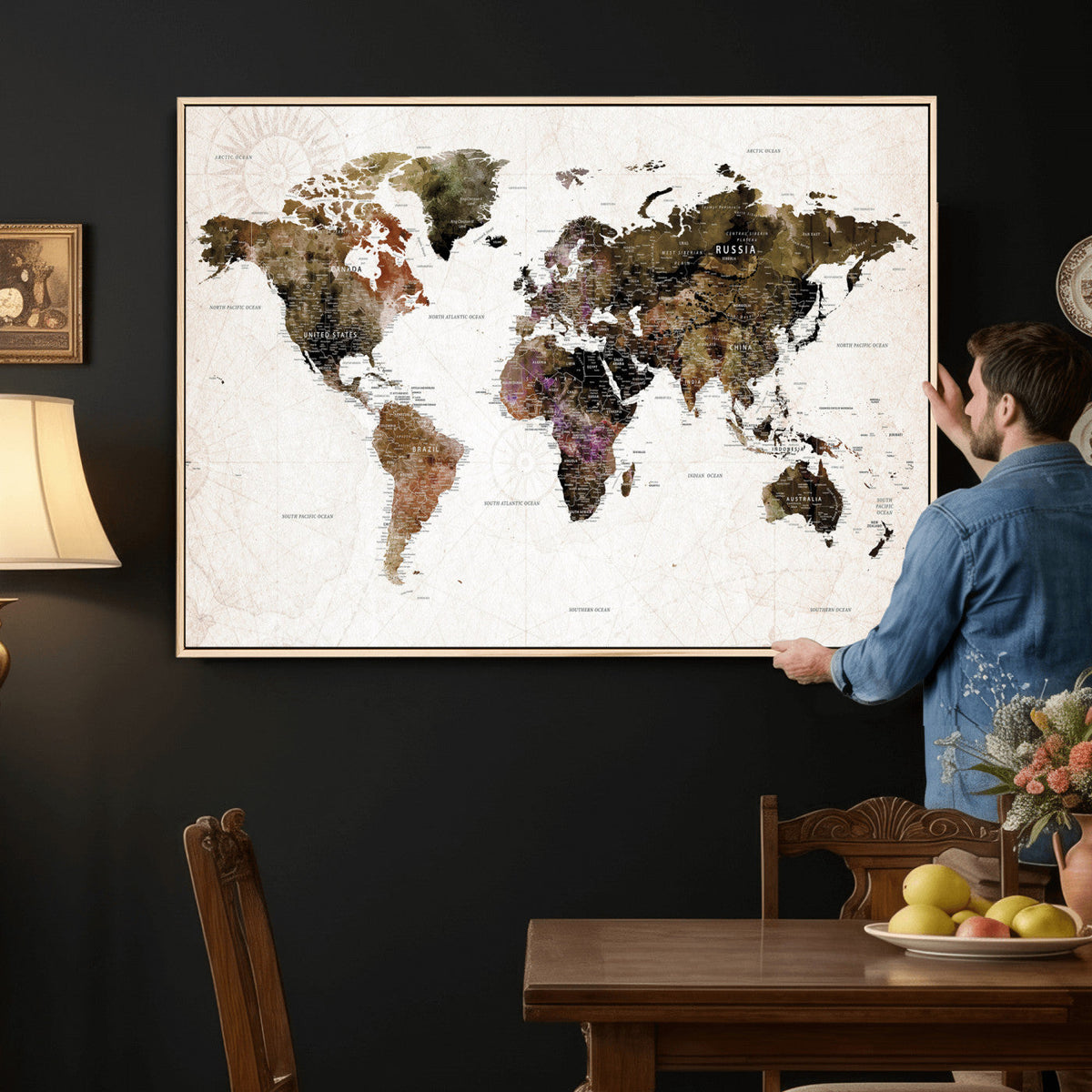 Watercolor World Map Print - Large Wall Art Canvas Print for