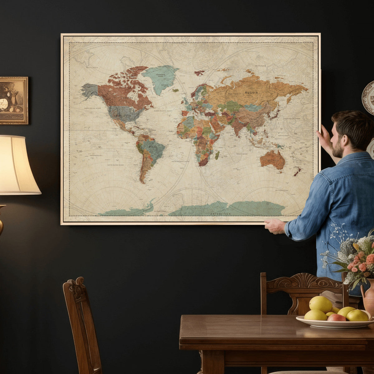 Vintage World Map Canvas Wall Art Print – Framed Modern