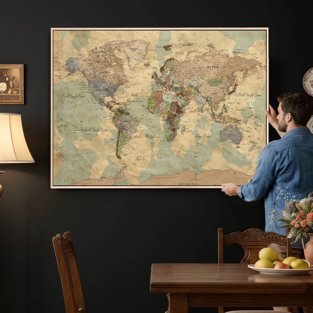 Vintage World Map Wall Art | Ready to Hang and Framed