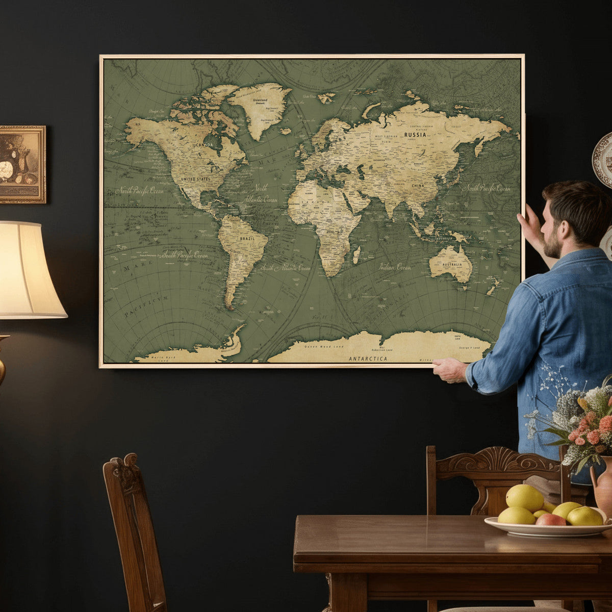Large World Map Canvas Wall Art Print for Study Room Decor -