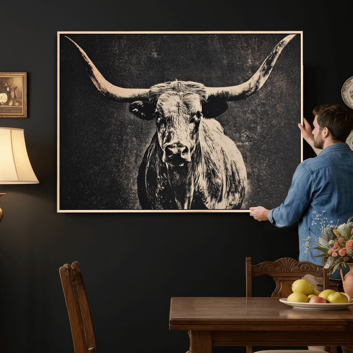 Vintage Texas Longhorn Bull Wall Art Canvas Print, Cow