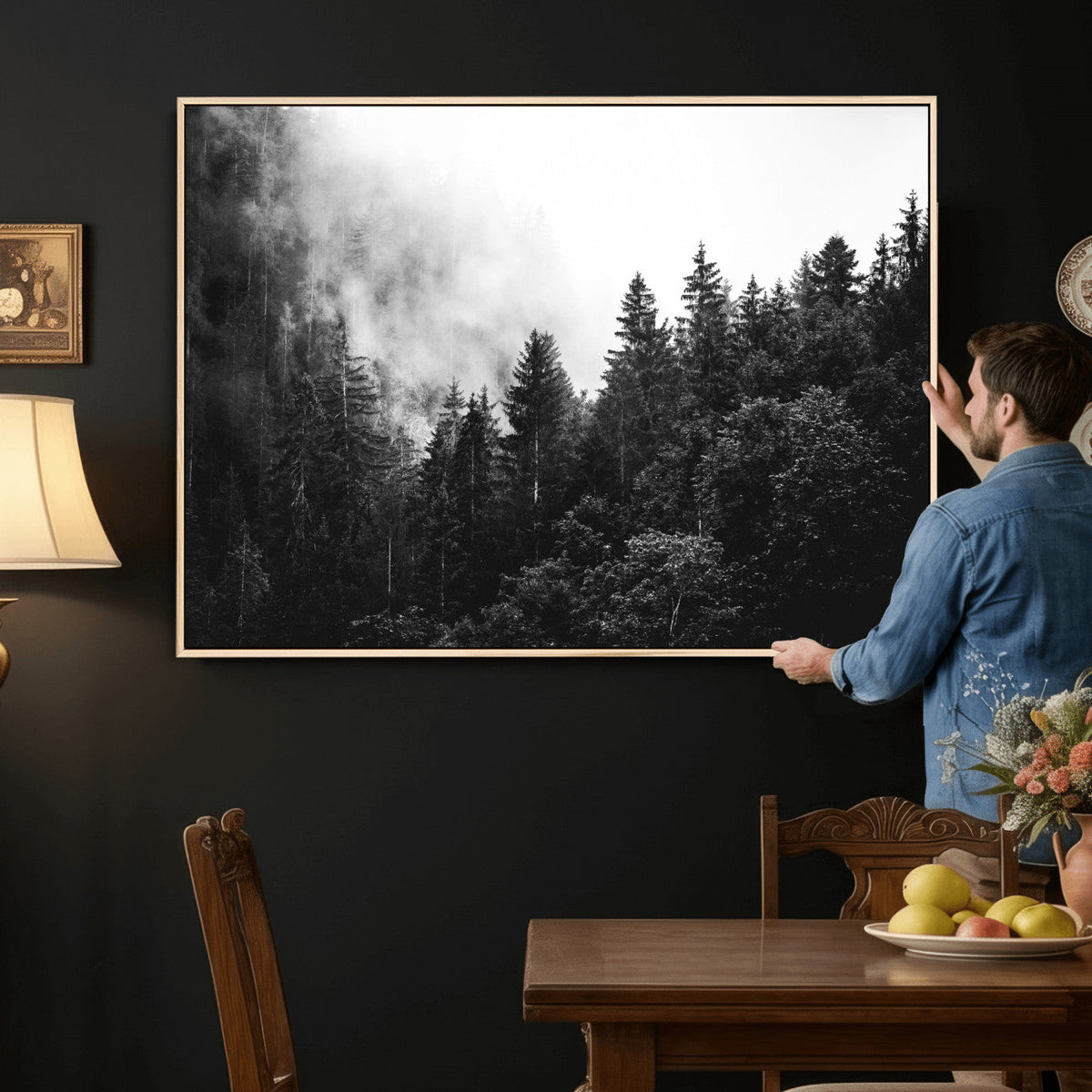 Black White Forest Wall Art Canvas Print, Misty Pine Tree