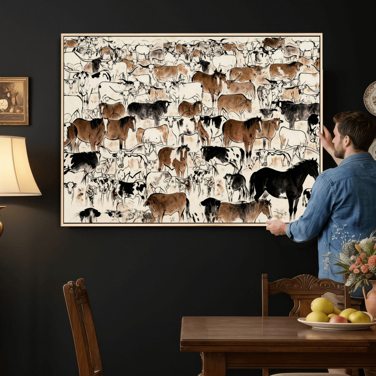 Farmhouse Animals Horse Longhorn Cow Wall Art Canvas Print -