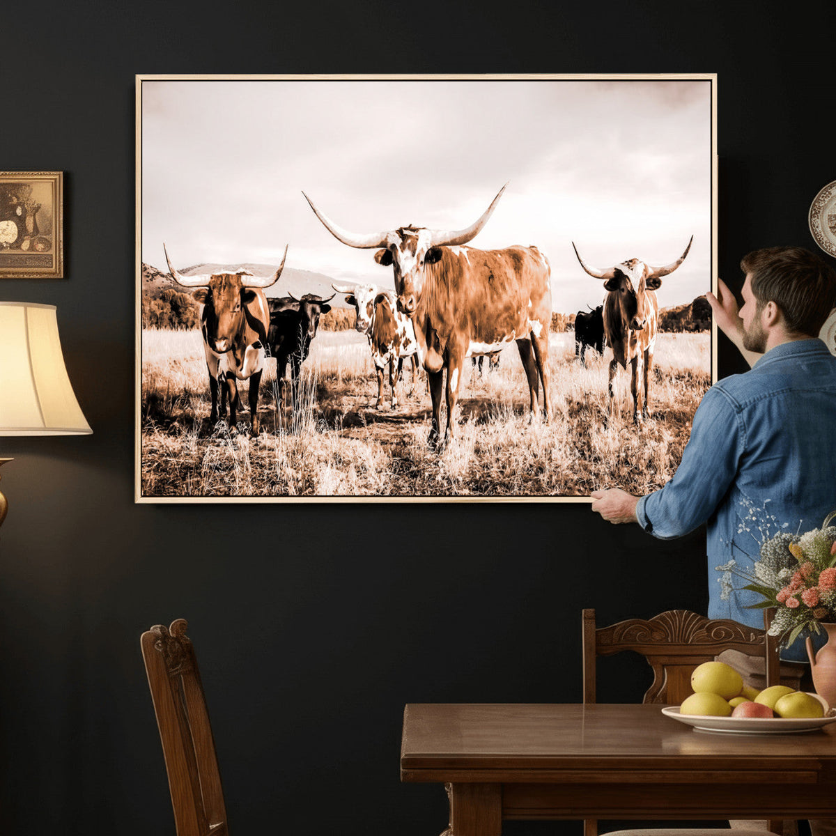 Texas Longhorn Cattle Wall Art Canvas Print, Sepia Western