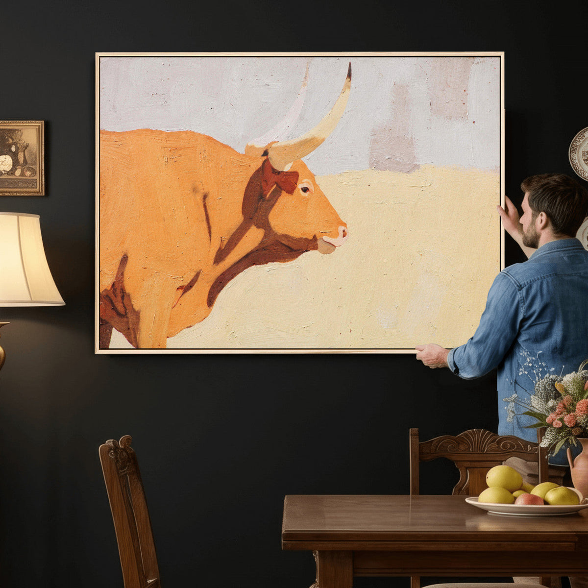 Minimal Longhorn Bull Wall Art Canvas Print, Neutral Western