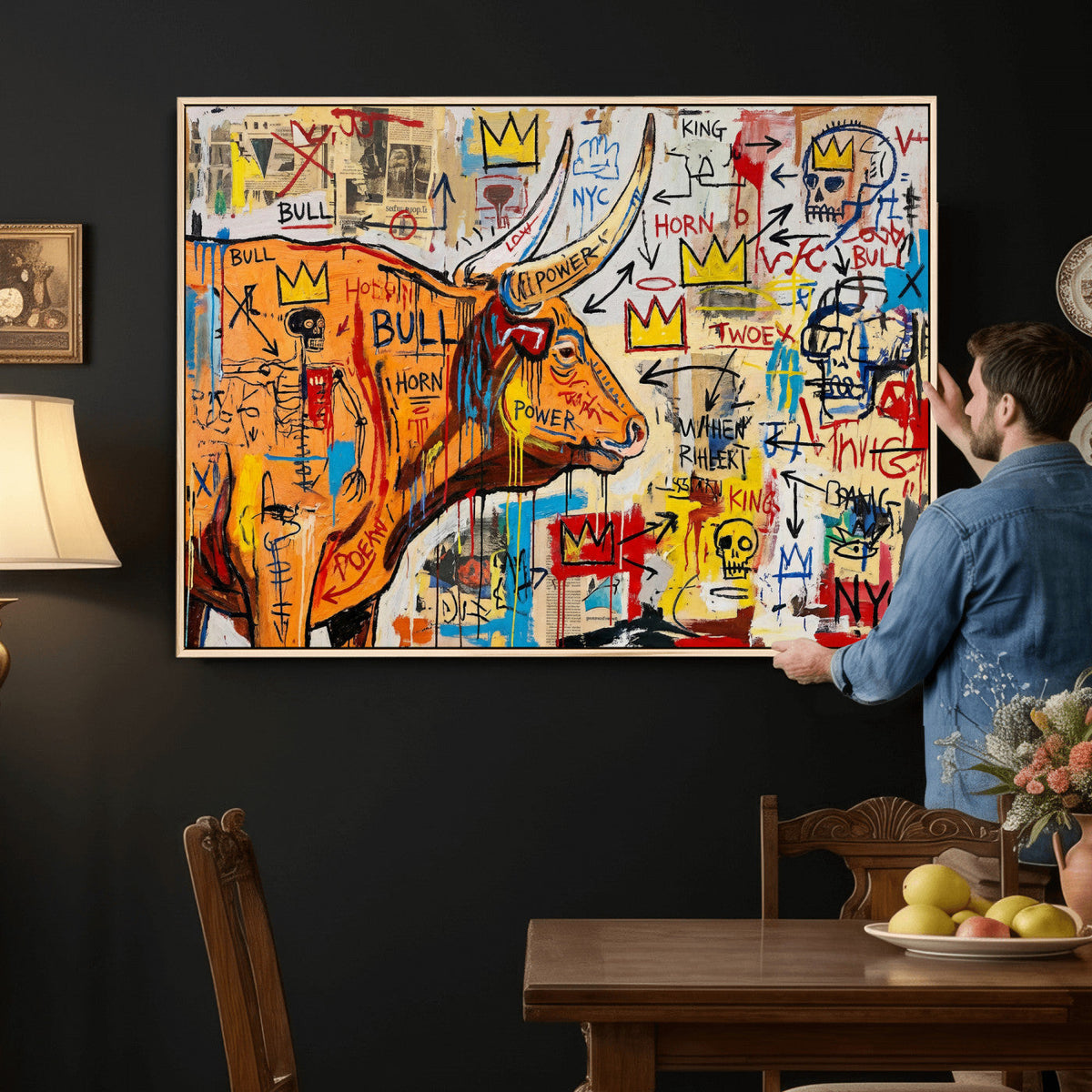 Basquiat Style Bull Graffiti Wall Art Canvas Print, Street