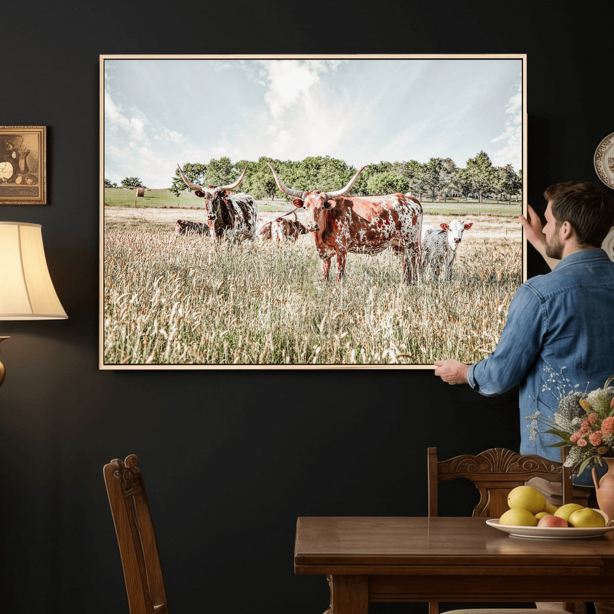 Texas Longhorn Cattle Wall Art Canvas Print, Rustic Ranch