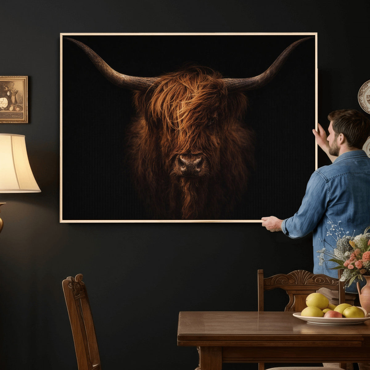Highland Cow Wall Art Canvas Print – Moody Dark Rustic