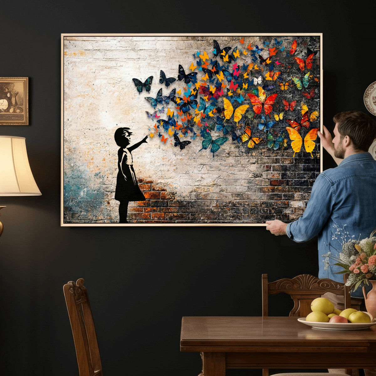 Banksy Graffiti Butterfly Girl Wall Art Canvas Print, Framed