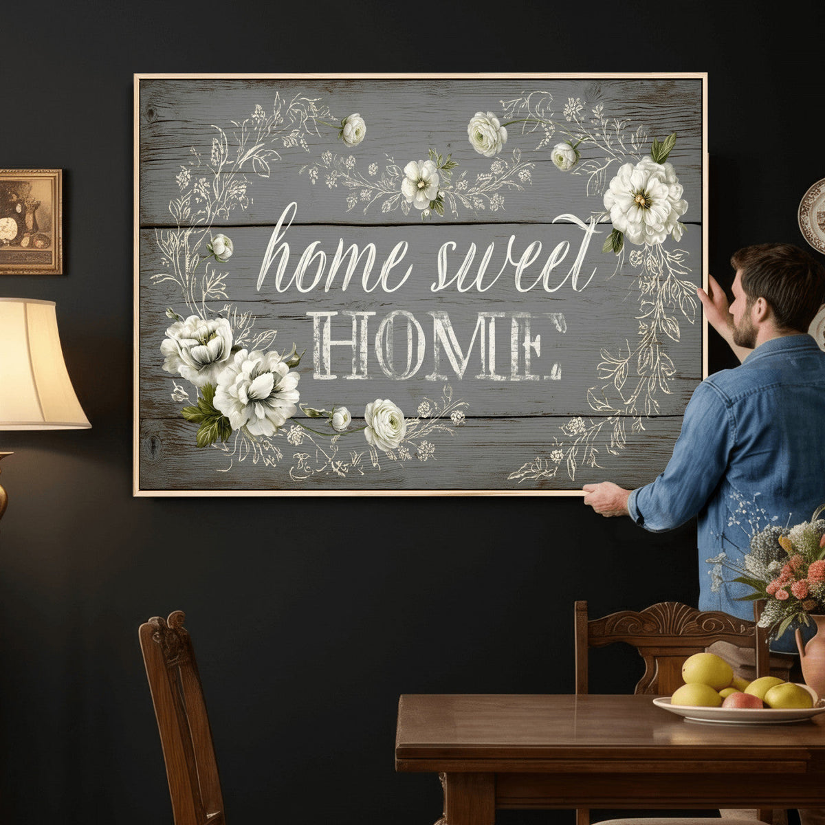 Home Sweet Home Wall Art Canvas Print, Floral Farmhouse