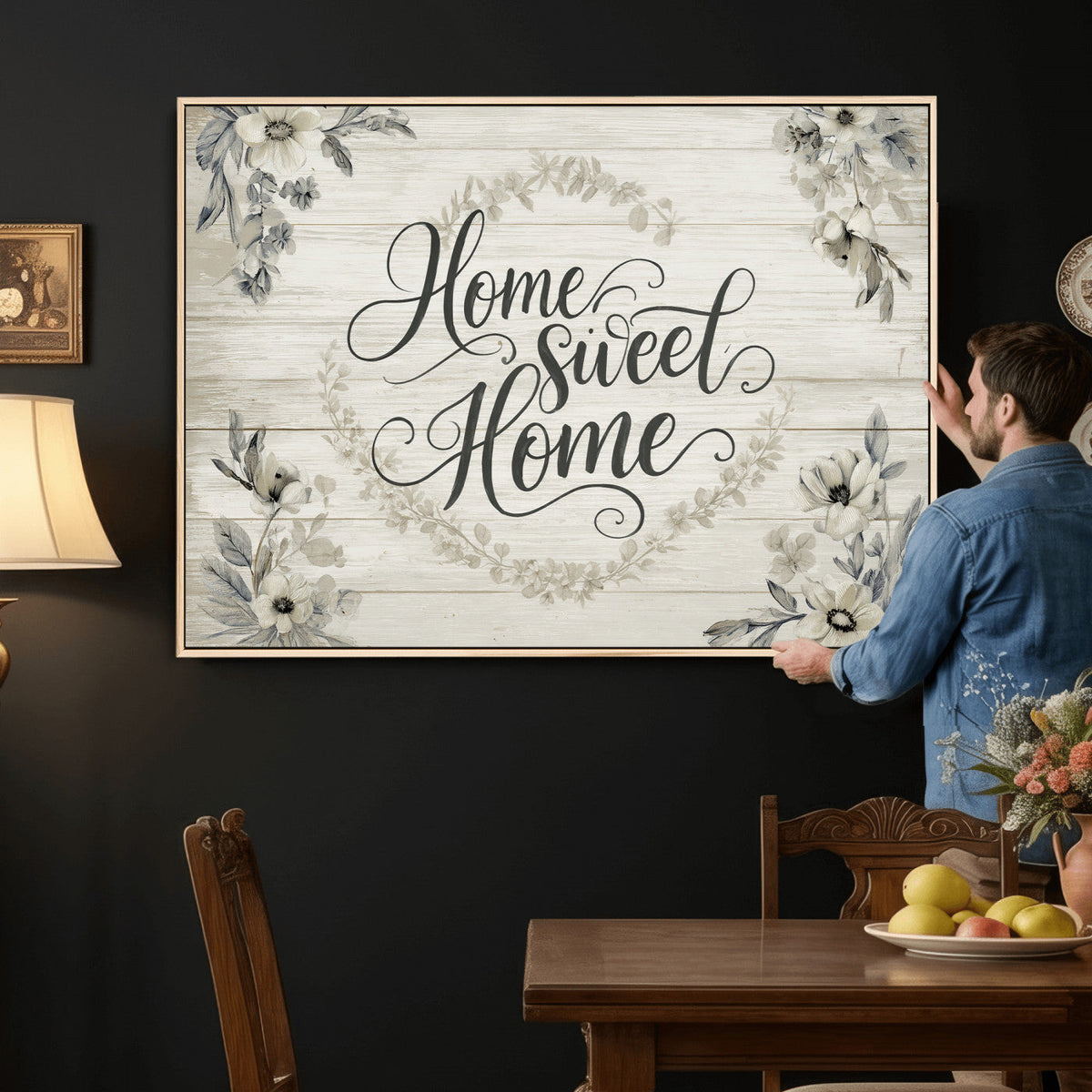 Home Sweet Home Wall Art Canvas Print, Floral Farmhouse