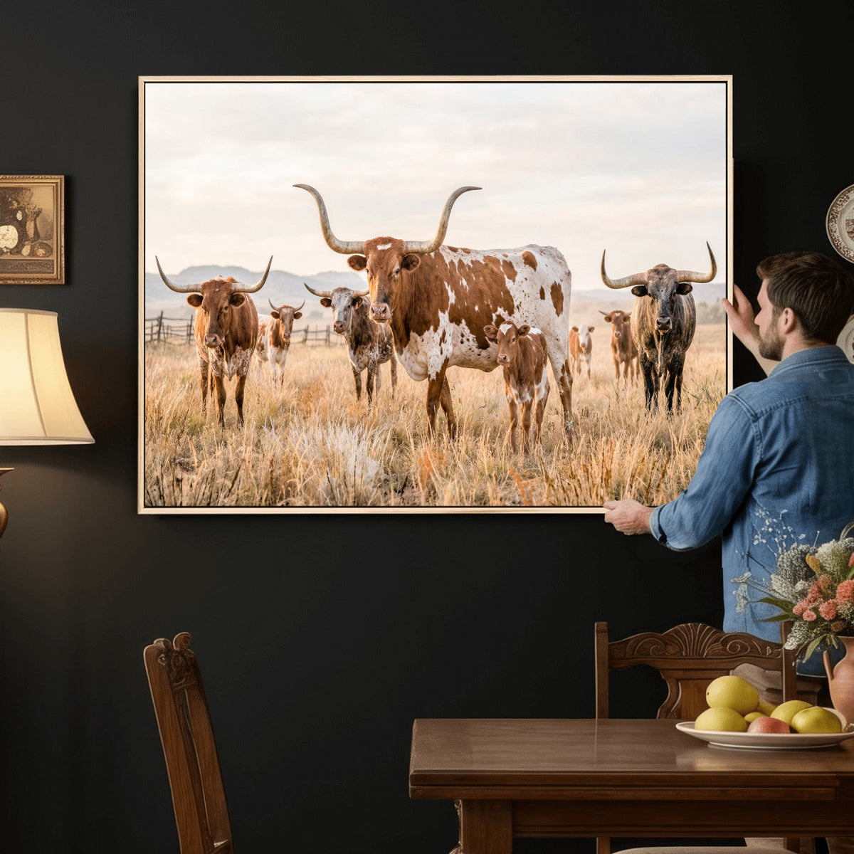 Texas Longhorn Canvas Wall Art, Rustic Farm Animal Photography Print, Farmhouse Country Decor, Western Ranch Art
