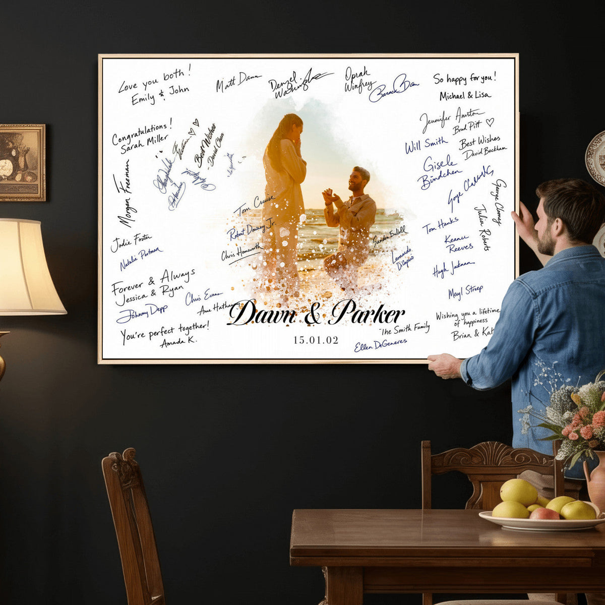 Wedding Guest Book Alternative Wall Art Canvas Print, Personalized Wedding Signature Poster, Custom Couple Photo Guestbook Canvas, Bridal Shower Reception Decor