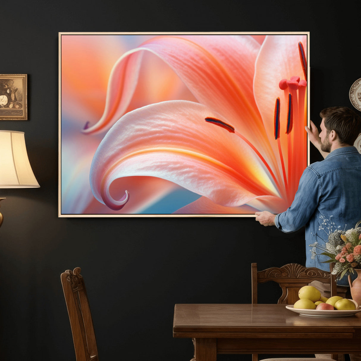 Peach Lily Canvas Wall Art, Coral Pink Flower Macro Photo Print, Botanical Bedroom Decor, Soft Floral Photography, Living Room Wall Art