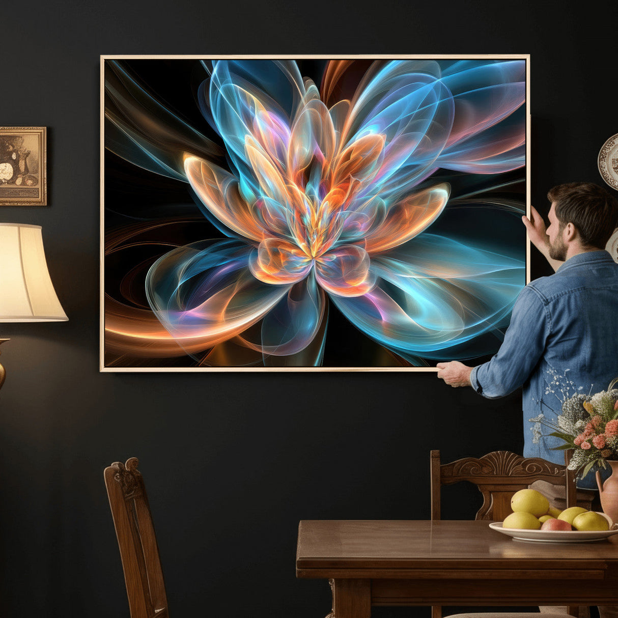 Fractal Lotus Canvas Wall Art, Blue Orange Glowing Flower Abstract Print, Modern Zen Meditation Room Decor, Ethereal Digital Art, Living Room