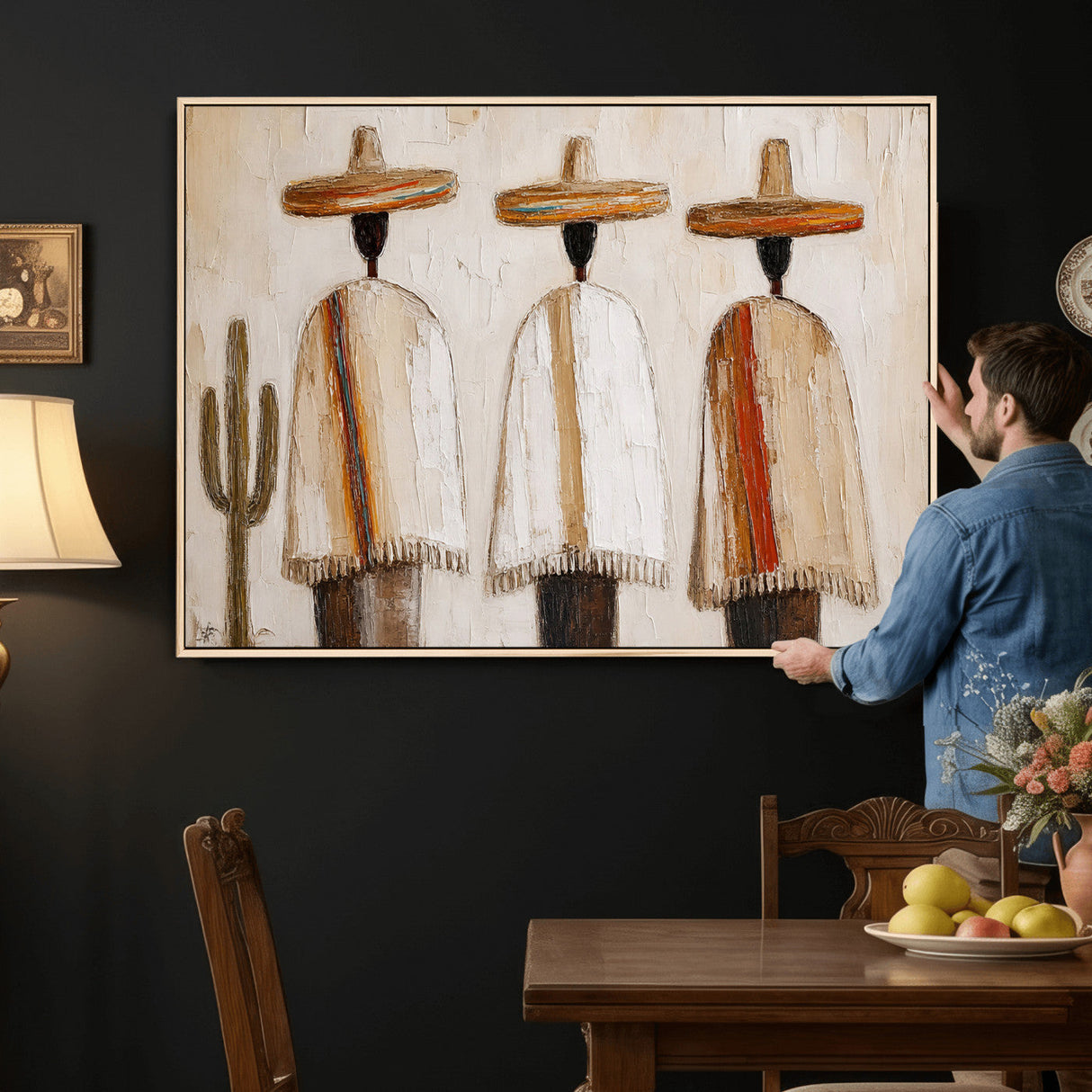Mexican Wall Art Canvas Print, Southwestern Sombrero Poncho Painting, Neutral Earthy Boho Decor, Fiesta Living Room Art, Impasto Style Print