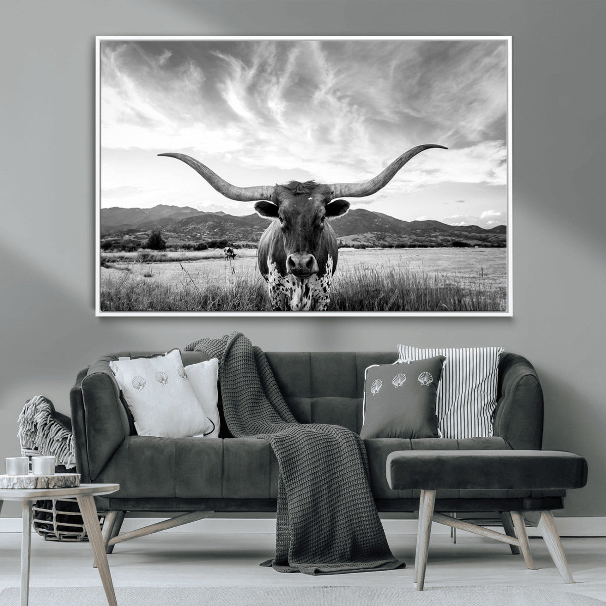 Longhorn Black and White Wall Art – Rustic Western Bull