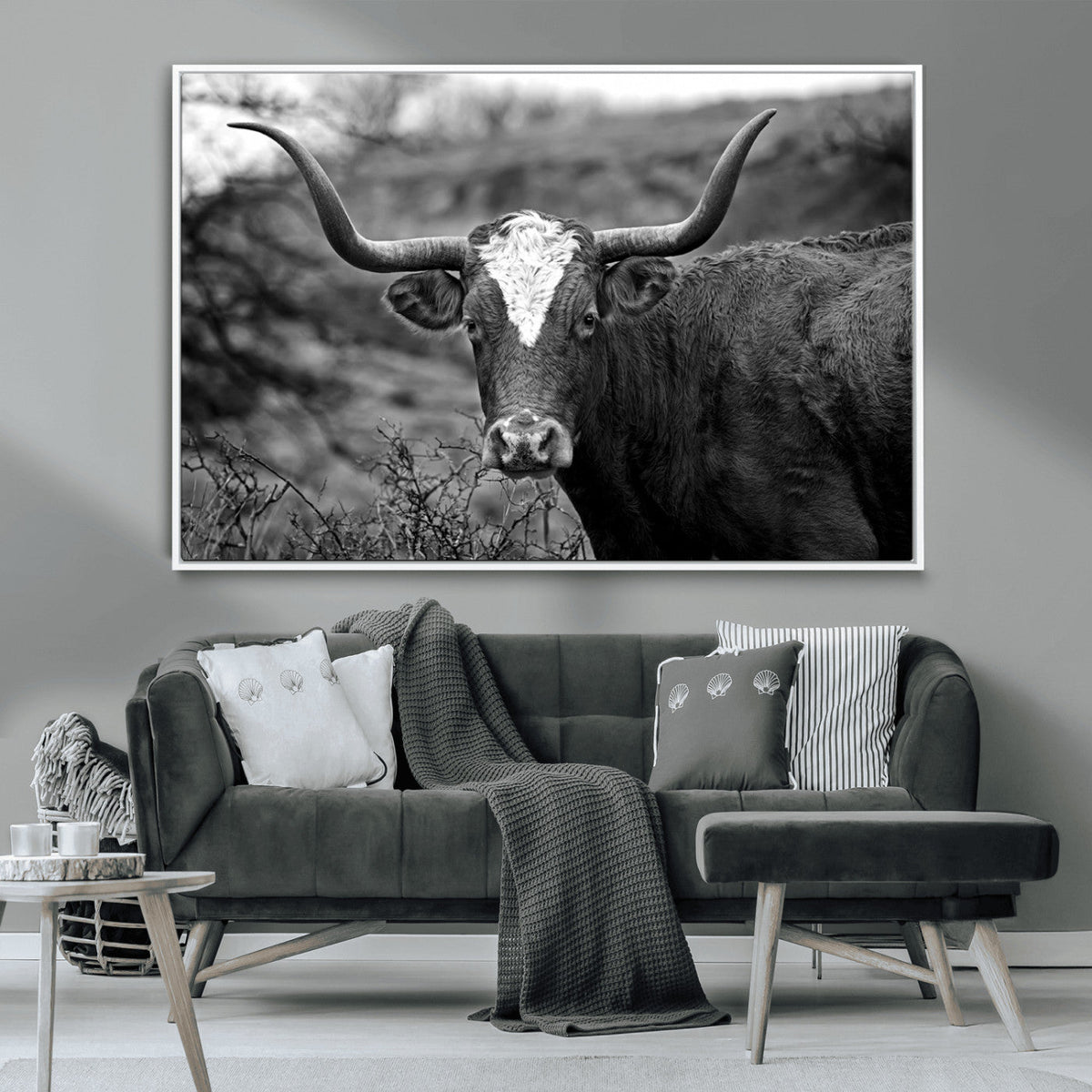 Western Home Wall Art Canvas Print, Framed Texas Longhorn