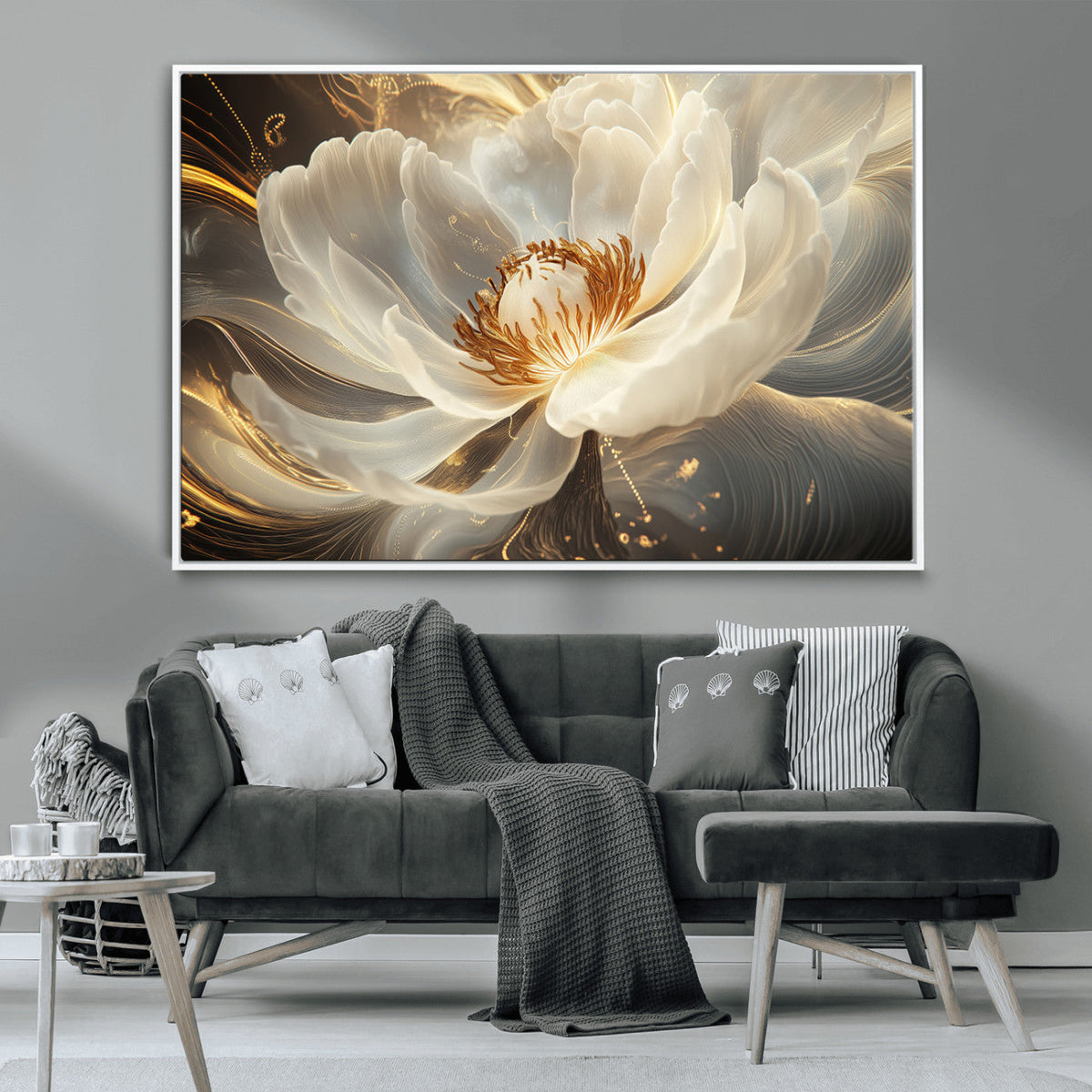 Gold Floral Wall Art Canvas Print, Framed Modern Flower Art