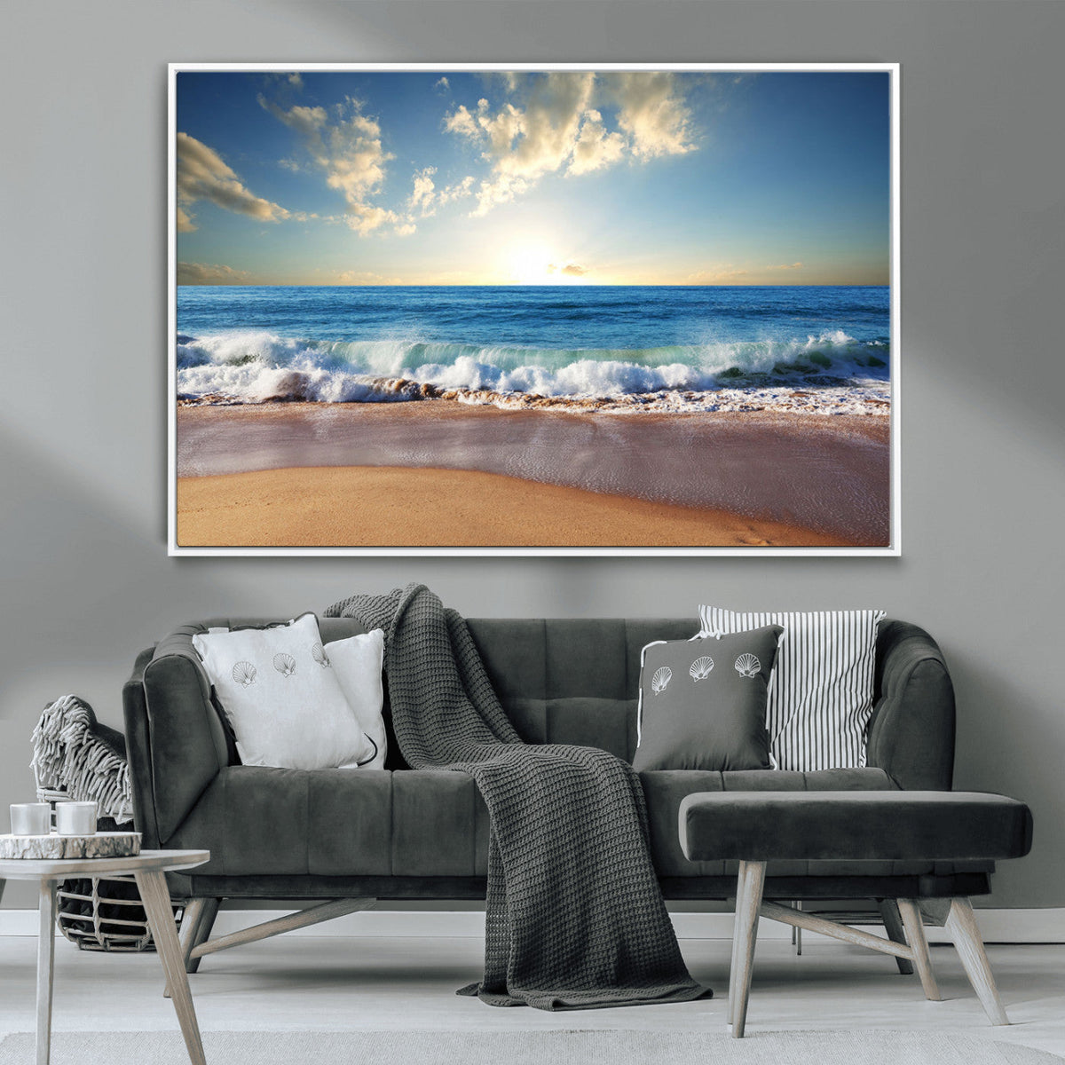 Serene Ocean Sunset Canvas Wall Art - Beach Waves at Sunset,