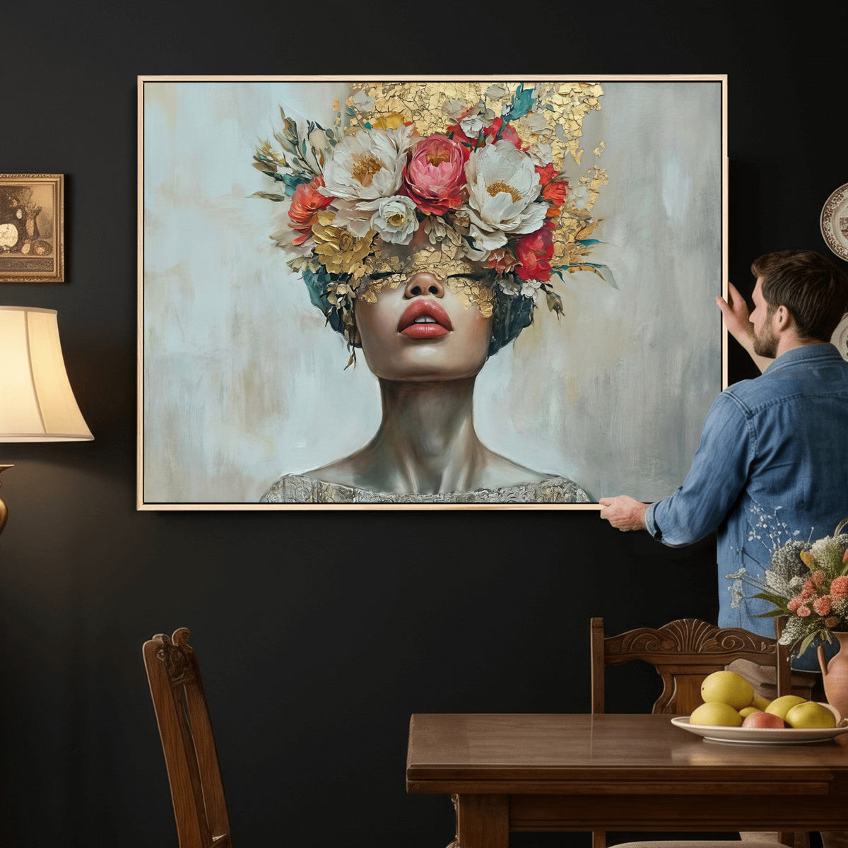 Golden Petal Wall Art Canvas Print - Silhouette Woman Wall
