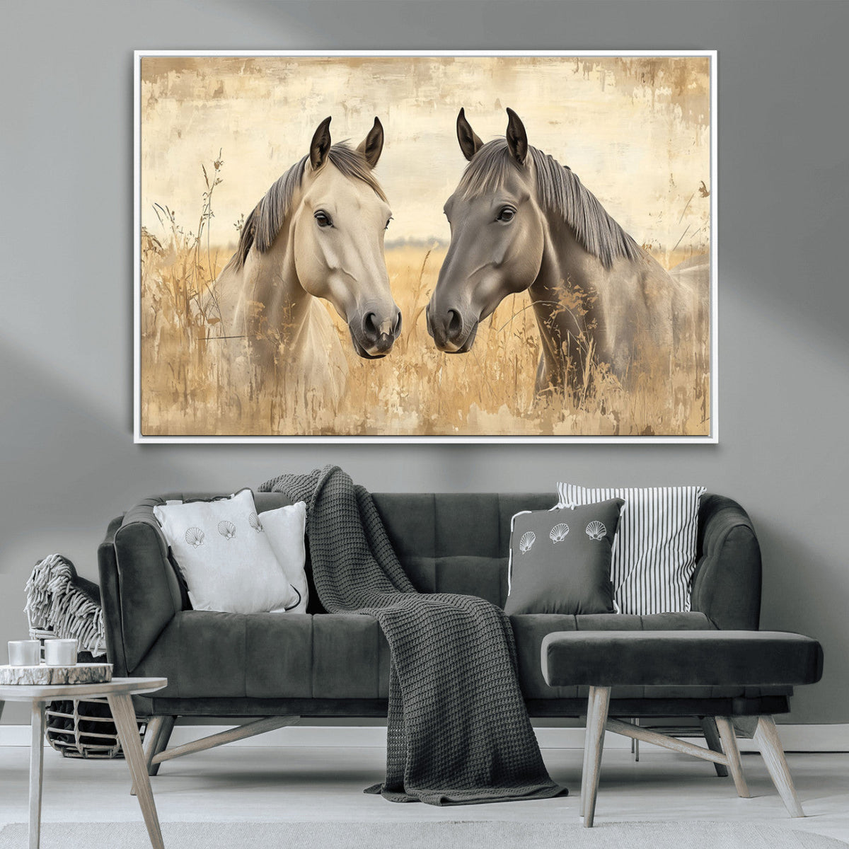 Chines Ink Style Grunge Horses Wall Art Canvas Print