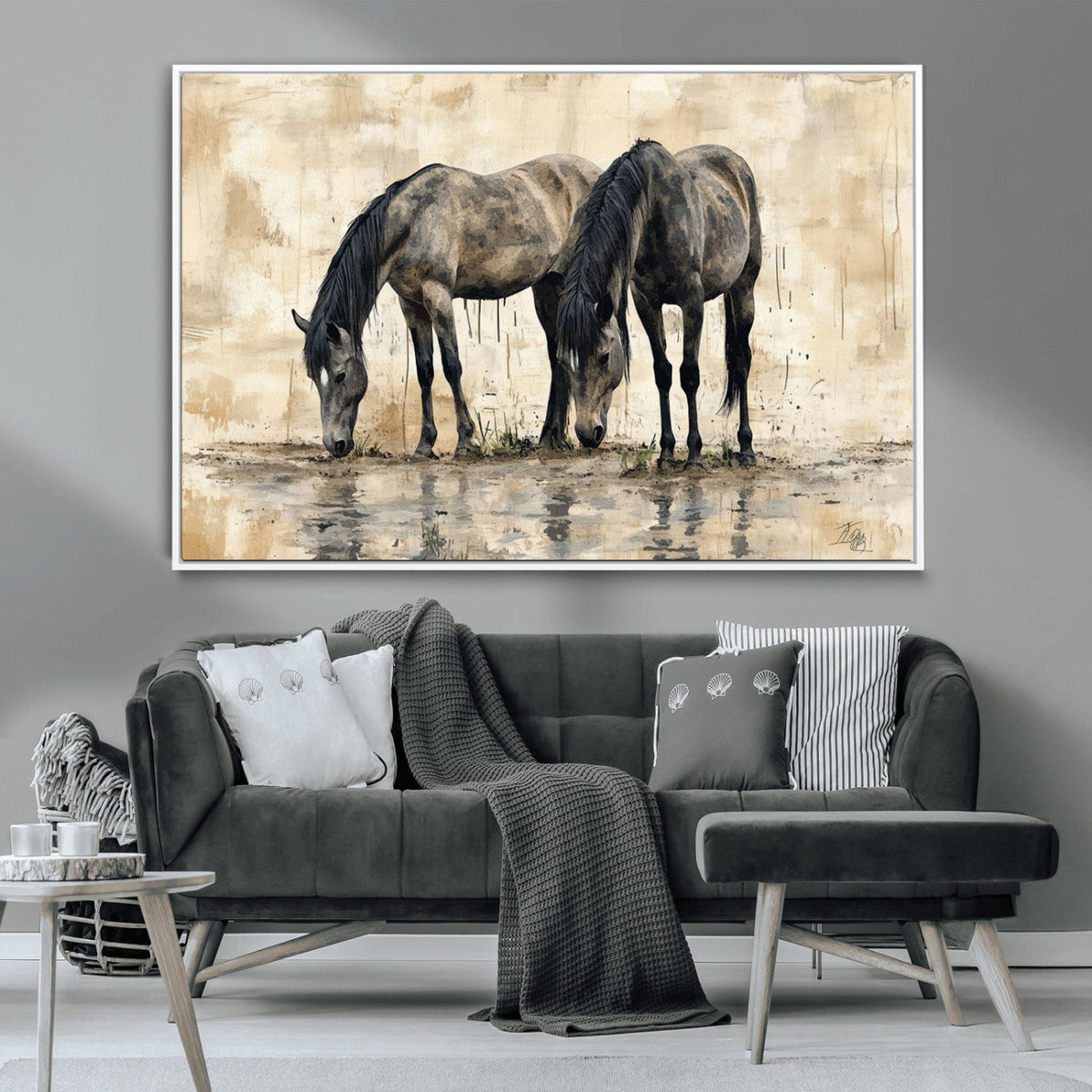 Chinese Style Abstract Black Horses Wall Art Canvas Print -